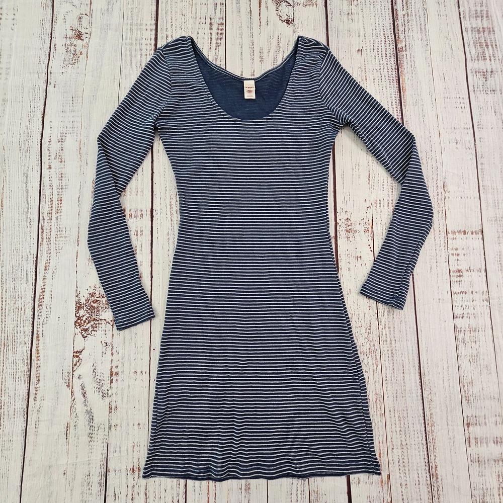 Bongo Blue White Striped Long Sleeve Scoop Neck Bodycon Dress Women's M *READ